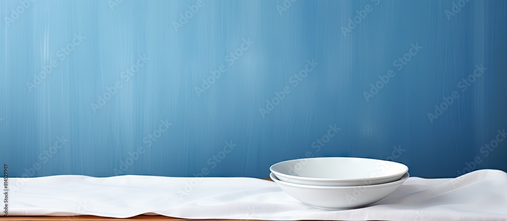 Poster Copy space image of a white wooden table with a new blue tablecloth featuring an empty plate on top