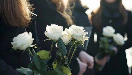 People in black clothes with white rose flowers outdoors, closeup. Funeral ceremony