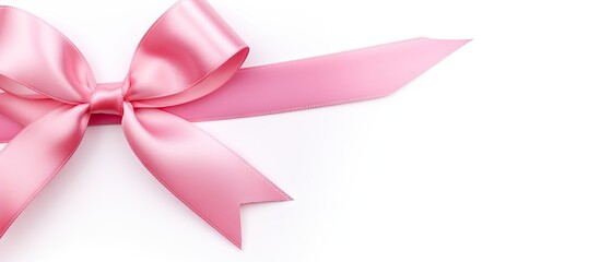 A copy space image of pink diagonal ribbons and a bow set against a white background