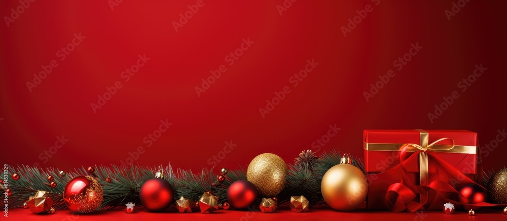 Poster A festive display with fir branches baubles and a gift box on a red surface creating a copy space image