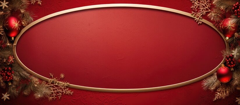 Top view of a red Christmas background featuring an oval frame The festive border creates a happy holidays atmosphere and provides a copy space image for adding text