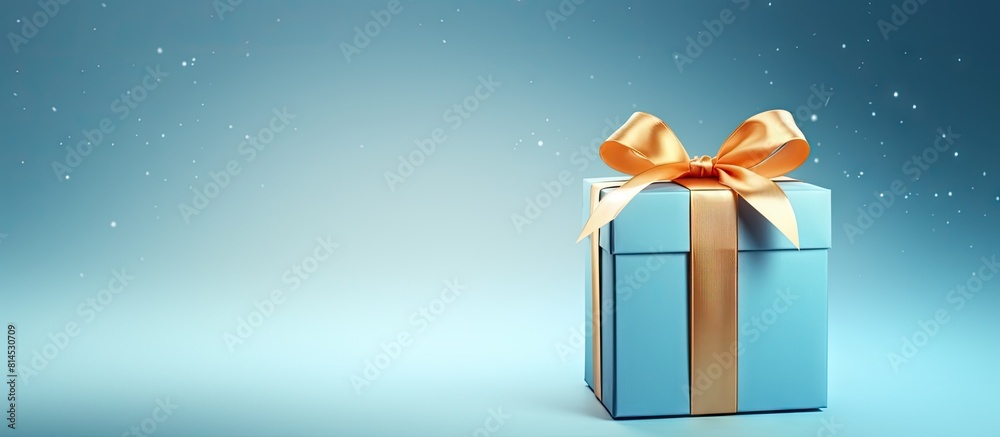 Poster A Christmas gift box is placed on a blue background providing a blank space for a mock up image. with copy space image. Place for adding text or design