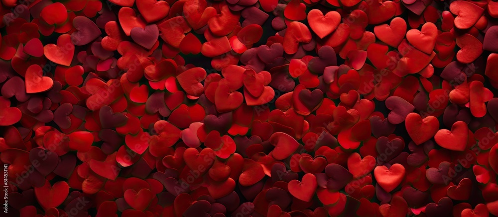 Poster Above view of a flat lay containing a pattern of red confetti for Valentine s day The image has copy space