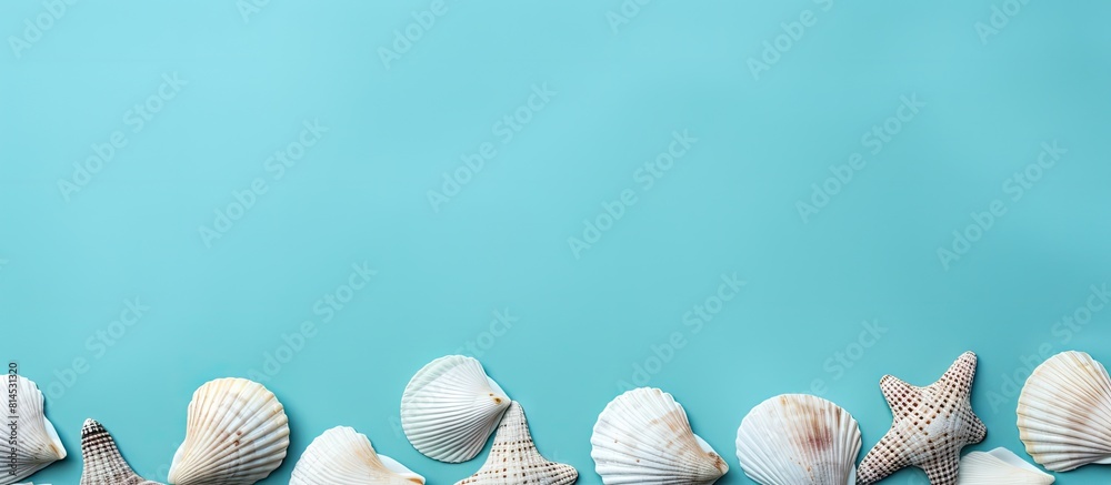 Poster Aesthetic monochrome flat lay with seashells on a turquoise background symbolizing summer Vacation concept captured from above with long shadows and copy space for images