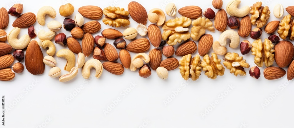 Poster A top down view of mixed nuts placed on a plain white background with ample copy space for additional content