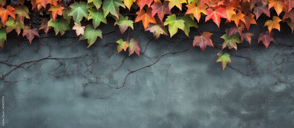 Poster The autumn season is approaching with a wall adorned in colorful ivy leaves serving as a textured background for this copy space image