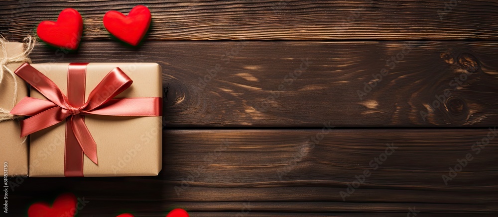 Poster A copy space image depicting a festive Valentine s Day theme with gift boxes arranged on a wooden background The presents are wrapped in craft paper adorned with red ribbon bows and heart decorations