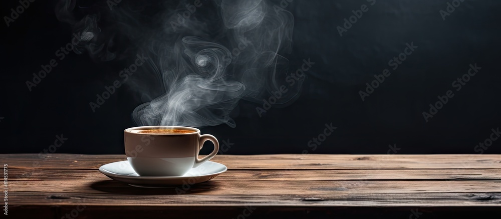 Poster A copy space image showcasing a steaming cup of tea placed on a wooden table