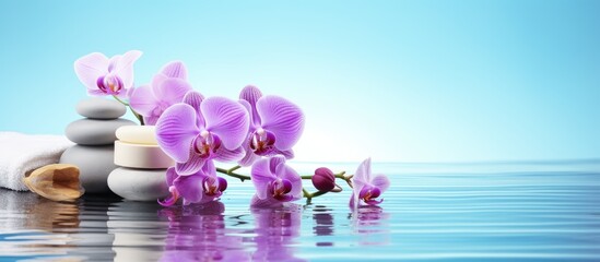 A copy space image featuring spa items set against a soothing blue background accentuated by delicate lilac orchids