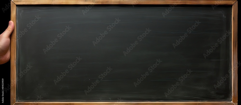 Poster an empty blackboard featuring a hand in the image providing copy space