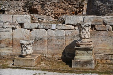Corinthian order column capitals in the Roman Agora, in Athens, Greece