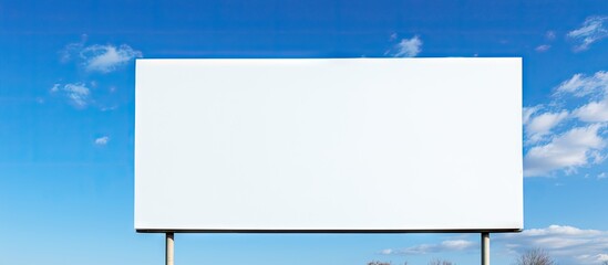 A new advertisement is displayed on a blank billboard against a backdrop of a blue sky The image offers plenty of space for text or other graphics. with copy space image