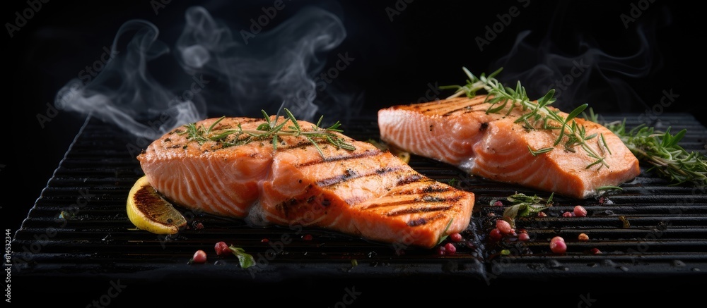 Aufkleber salmon fillets steaks are beautifully grilled with a seasoning of salt pepper and herbs on the grill