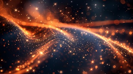 Obraz premium Digital technology blue and orange flowing lines stars poster PPT background