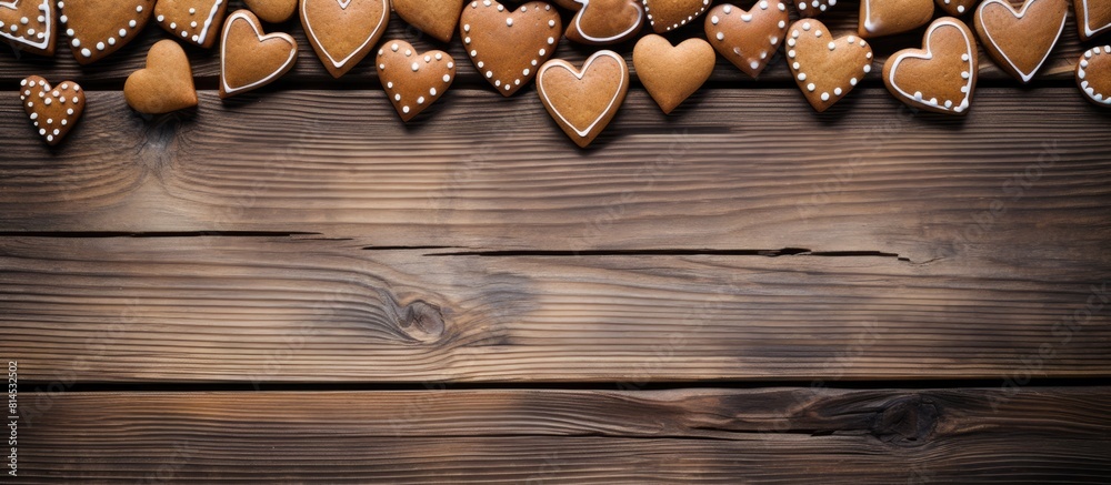 Poster wooden background with a border of heart shaped gingerbread cookies providing plenty of space for co