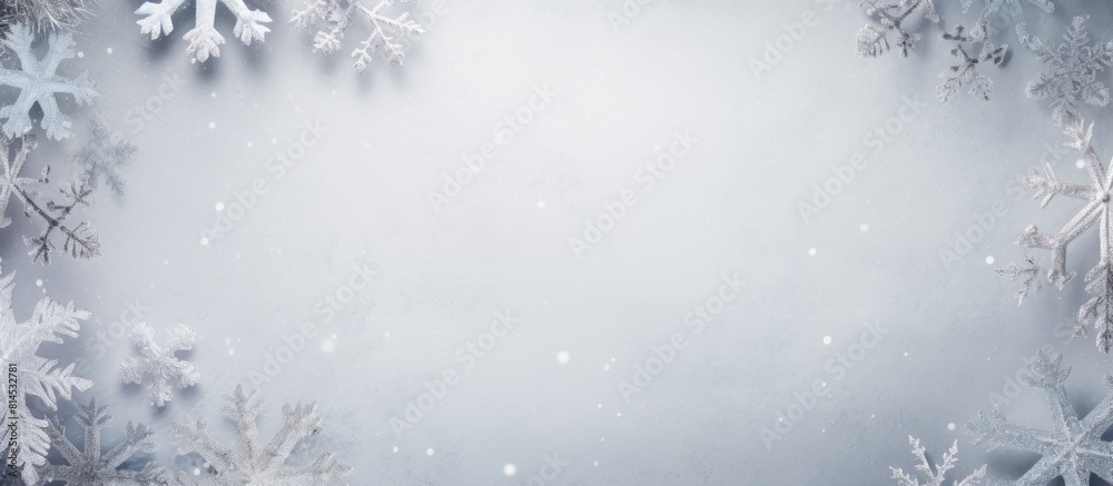 Poster A winter themed Christmas composition featuring a delicate snowflake frame on a soft gray background It is presented from a top down perspective with ample copy space for customization