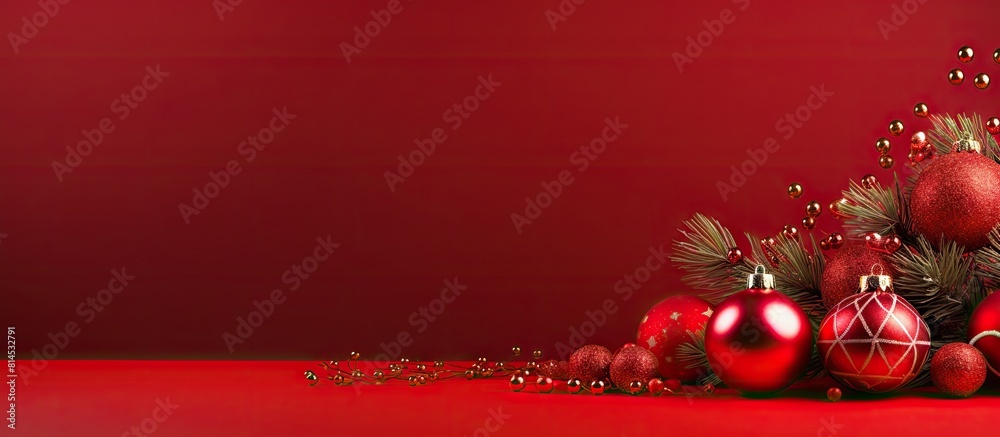 Poster A festive red background with Christmas decorations like a fir tree wrapped presents cones berries and sparkly red balls There s room for text in this image. with copy space image
