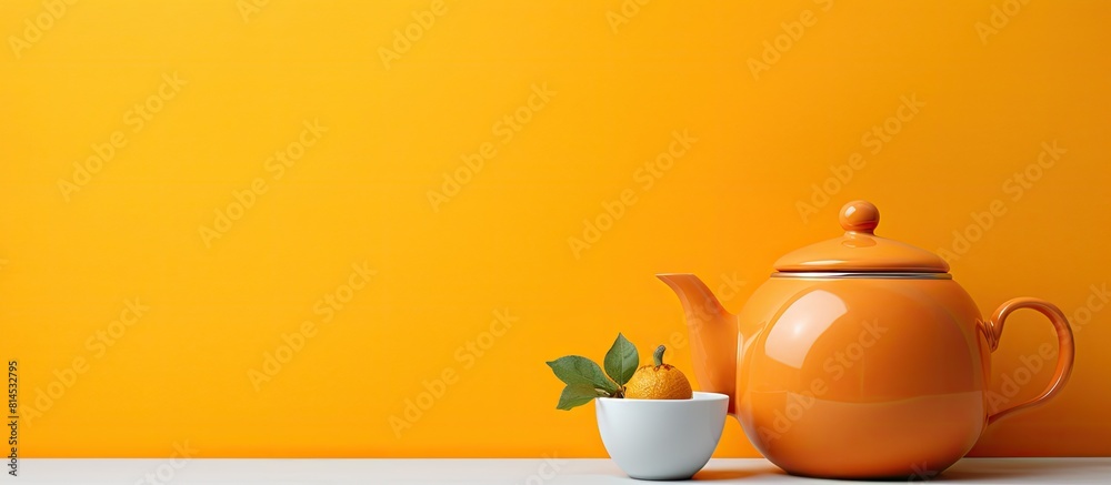 Poster copy space image teapot and cup of tea on a bright background in an artful composition