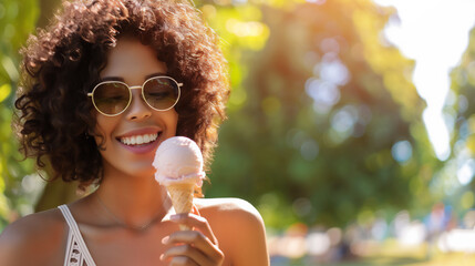 公園でアイスを食べる笑顔の若い女性