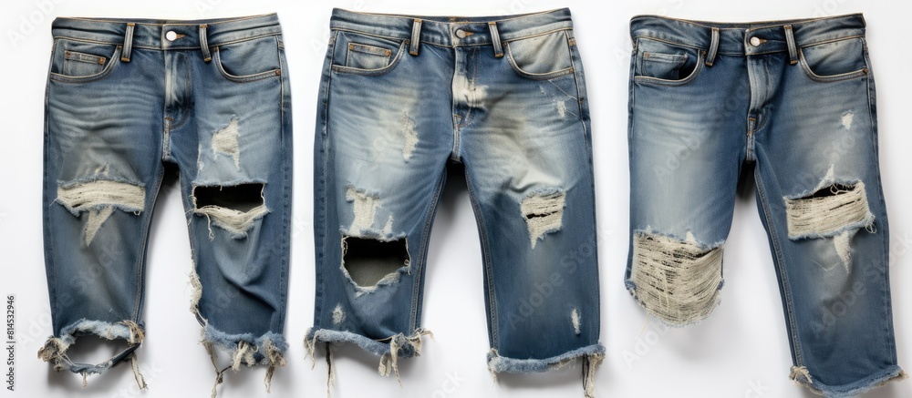 Poster a copy space image shows three pairs of blue jeans with their waist and front pockets slightly tilte