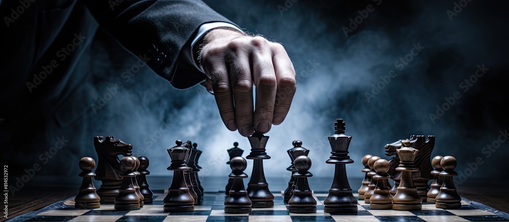 Poster Chess player strategizing and moving a piece in a game emphasizing the concept of strategy and tactics in board games copy space image