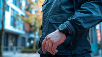 A close-up of a mans wrist wearing a watch, with blurred urban background and autumn colors.