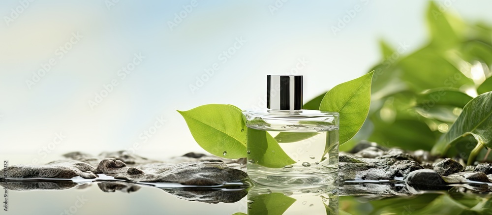Poster closeup of a bottle of face serum accompanied by spa stones and a leaf submerged in water on a light