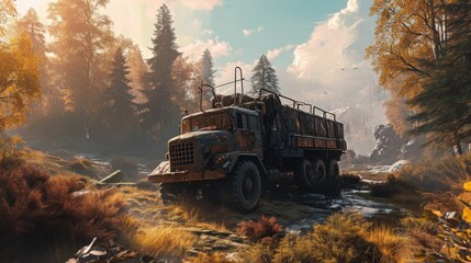 old military truck in the autumn forest