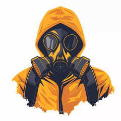 Man wearing gas mask hooded jacket apocalypse concept vector logo style. White isolated background. Generative AI image.