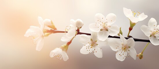 Copy space image of stunning pear blossoms against a serene blurred backdrop