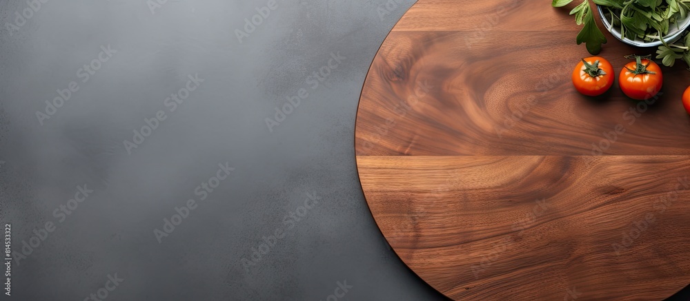 Poster A close up top view of a wooden cutting board with a round shape placed on a gray background accompanied by kitchenware Copy space image