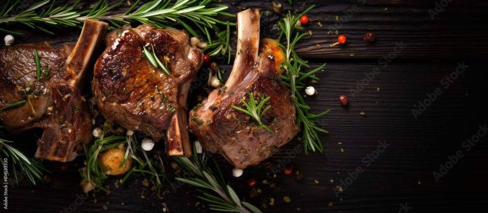 Poster top view of braised lamb chops with garlic rosemary and peppercorns featuring a copy space image