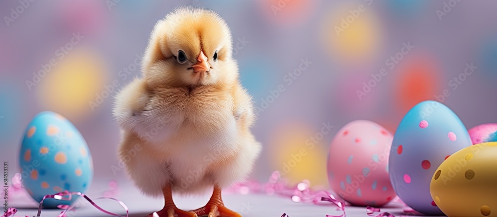 Leinwandbilder A cute Easter chicken with colorful decorations placed against a backdrop with a blank space for text or other images. with copy space image. Place for adding text or design