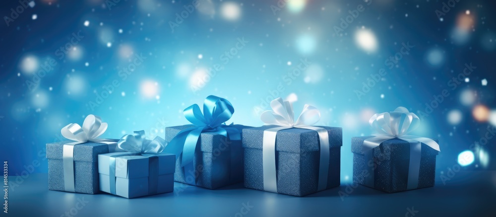 Poster copy space image of gifts on a backdrop of soft blue illuminate the scene