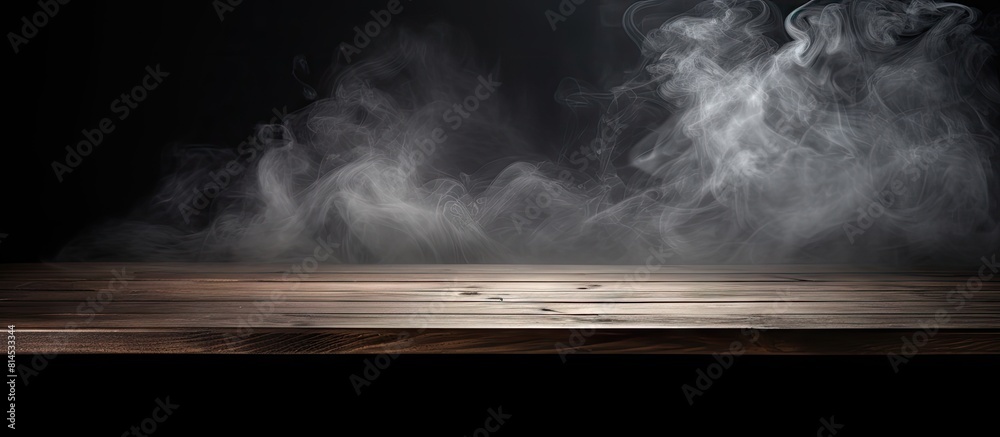 Aufkleber a dark background highlights an empty wooden table where smoke elegantly rises the perfect copy spac
