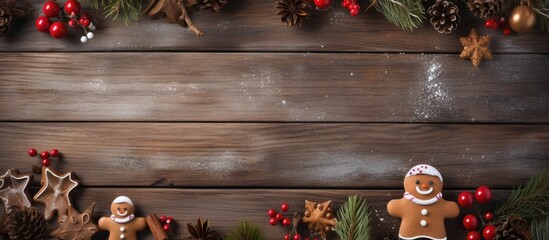 The copy space image showcases a rustic wooden background adorned with spruce branches cinnamon anise lemon slices red berries snow and a gingerbread nutcracker - Powered by Adobe