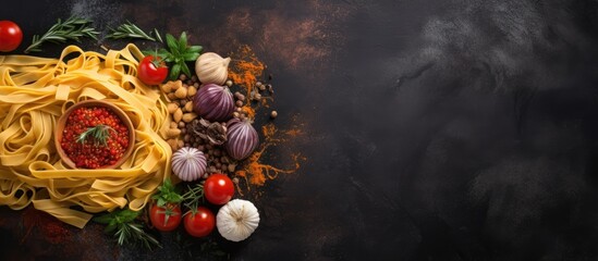 Fototapeta premium Italian tagliatelle pasta arranged in a rolled shape accompanied by various ingredients placed on a black stone background This top view image allows for text to be added in the empty space