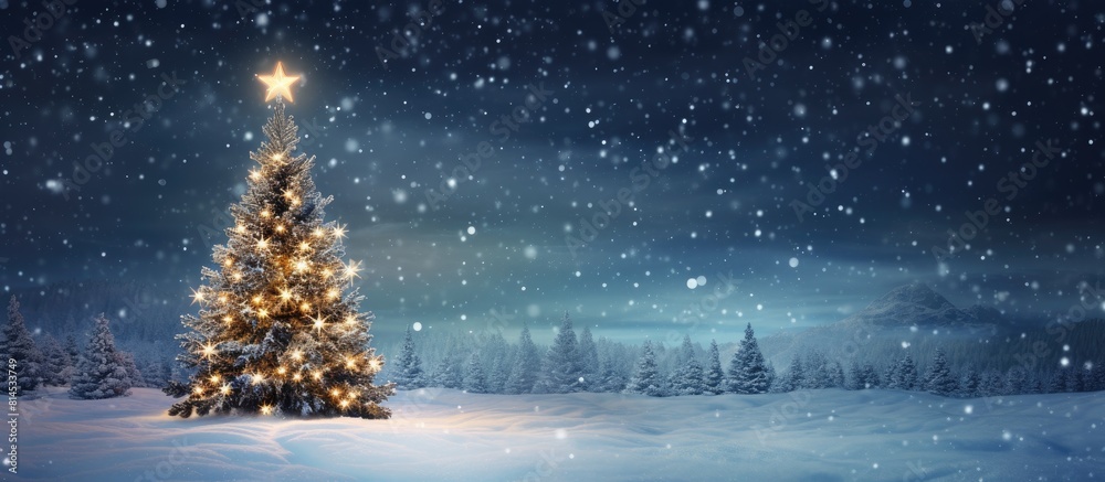 Aufkleber A Christmas tree shines brightly at night accompanied by falling snow creating a beautiful scene with empty space for additional content
