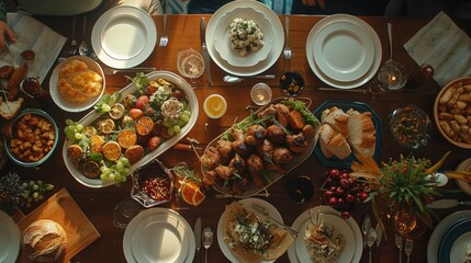 Aerial view of wooden table topped with a variety of plates and bowls of food. The plates are all different shapes and sizes and the food with national dish is arranged in a neat and tidy way. AIG42.