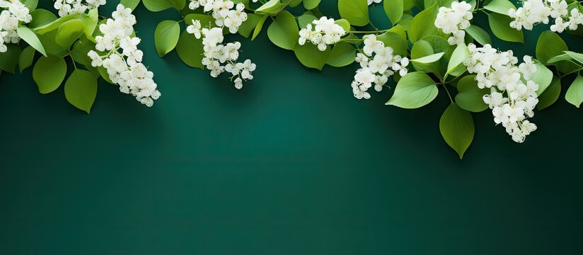Green leaves and white flowers on the green backgrounds create an appealing copy space image