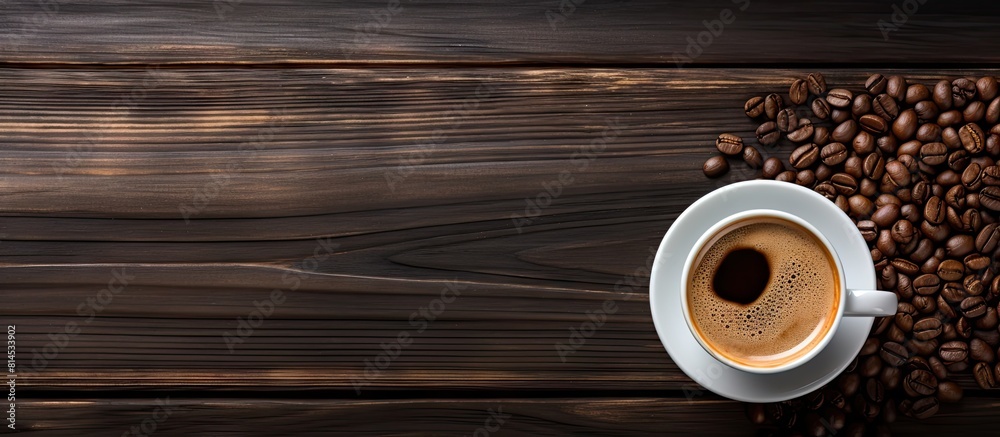Poster a top view of a cup of coffee and a bean on a black wooden table creates a captivating copy space im