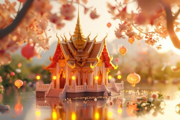 Fototapeta premium A charming small building adorned with colorful flowers and lanterns. Perfect for adding a touch of warmth and beauty to any project