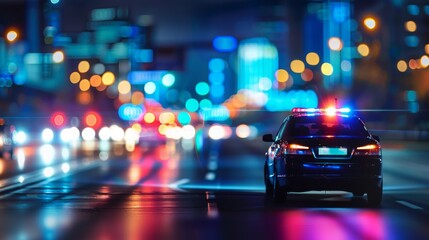 A police car with flashing lights moves swiftly down a city street at night, amidst the glow of...