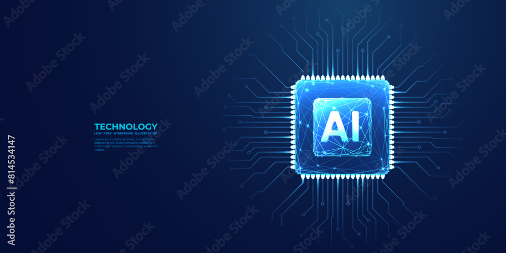 Aufkleber Ai chip top view on technology blue background. Light blue AI microchip with abstract circuit board on bg. Artificial Intelligence concept. Polygonal CPU or semiconductor. Digital vector illustration.