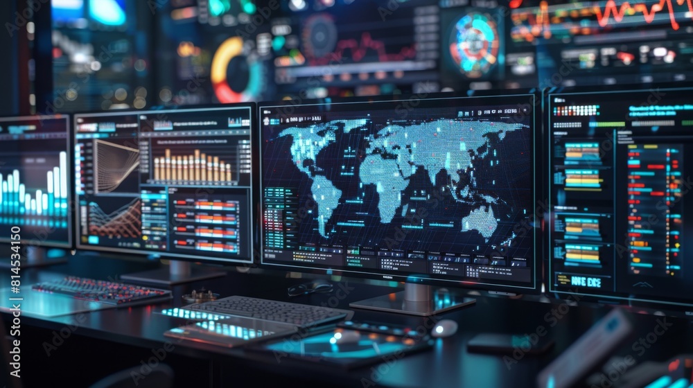 Poster multiple screens display interactive global data, graphs, and maps in a high-tech monitoring room.