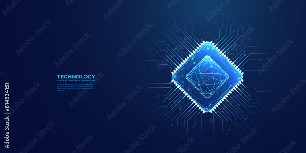 Poster Abstract computer chip on a circuit board. Light blue polygonal semiconductor on dark blue background. Modern computer processor bg. CPU microchip top view. AI or tech concept. Vector illustration. 