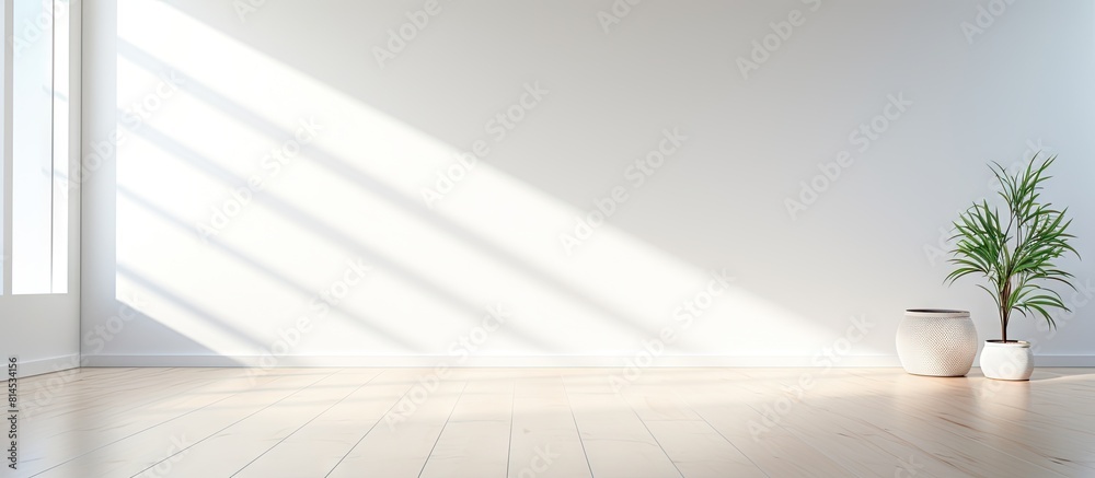 Poster A bright studio setting with abstract white background featuring window shadows and sunlight The backdrop is slightly blurred creating an empty room for product presentation with plenty of copy space