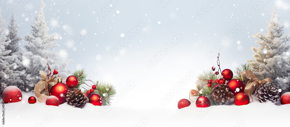 Poster Isolated Christmas background featuring a variety of colorful ornaments gift boxes berries and fir branches in a snowy setting Copy space image