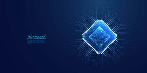 Abstract computer chip on a circuit board. Light blue polygonal semiconductor on dark blue background. Modern computer processor bg. CPU microchip top view. AI or tech concept. Vector illustration. 