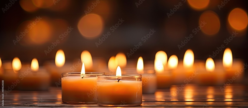 Poster The soft flickering glow of candle lights creates a warm and cozy ambiance perfect for relaxation and intimacy. with copy space image. Place for adding text or design